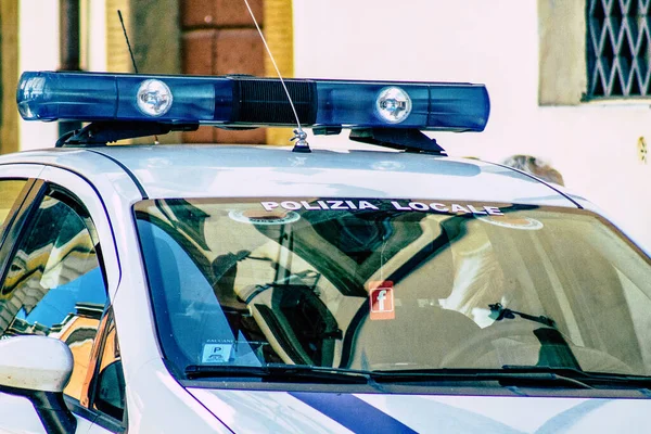 Closeup Official Police Car Patrolling Streets City Center Metropolitan Area — Stock Photo, Image