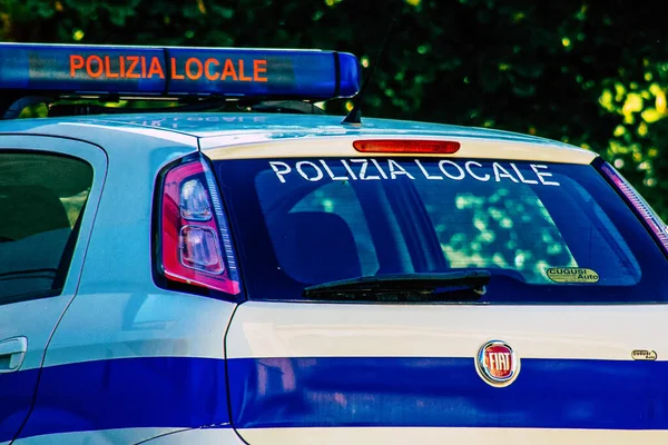 Closeup Official Police Car Patrolling Streets City Center Metropolitan Area — Stock Photo, Image