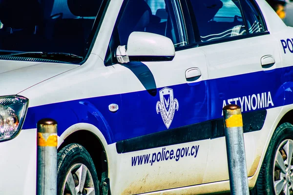 Closeup Official Police Car Patrolling Streets City Center Metropolitan Area — Stock Photo, Image