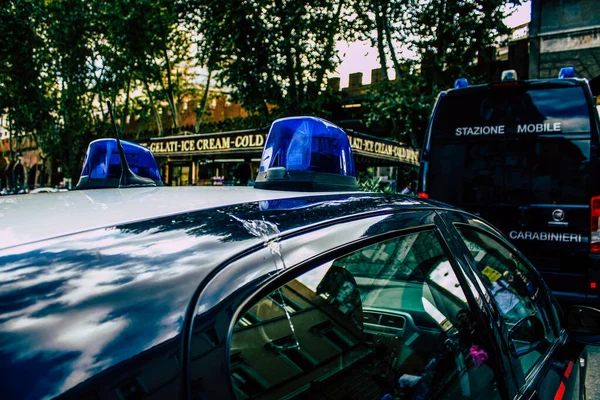 Closeup Official Police Car Patrolling Streets City Center Metropolitan Area — Stock Photo, Image