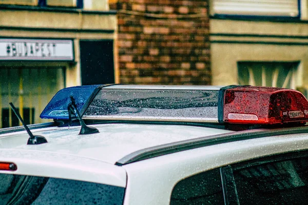 Closeup Official Police Car Patrolling Streets City Center Metropolitan Area — Stock Photo, Image