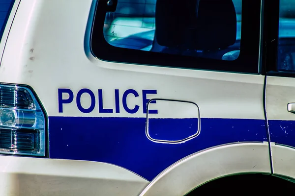 Closeup Official Police Car Patrolling Streets City Center Metropolitan Area — Stock Photo, Image