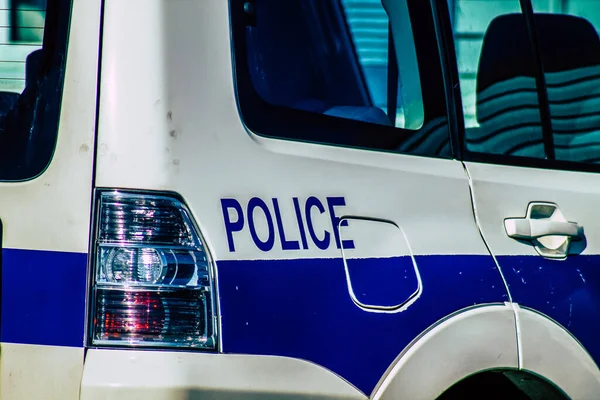 Closeup Official Police Car Patrolling Streets City Center Metropolitan Area — Stock Photo, Image