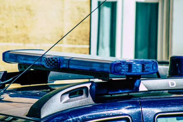 Closeup Official Police Car Patrolling Streets City Center Metropolitan Area — Stock Photo, Image