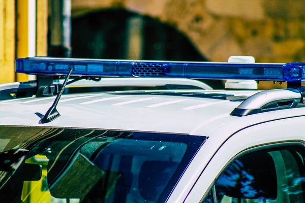 Closeup Official Police Car Patrolling Streets City Center Metropolitan Area — Stock Photo, Image