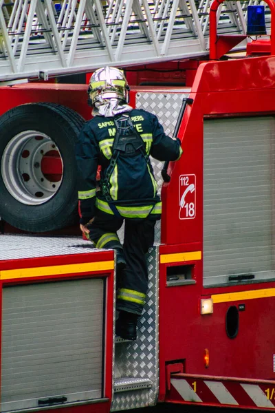 Reims France Oktober 2020 Zicht Franse Brandweerman Interventie Straten Van — Stockfoto