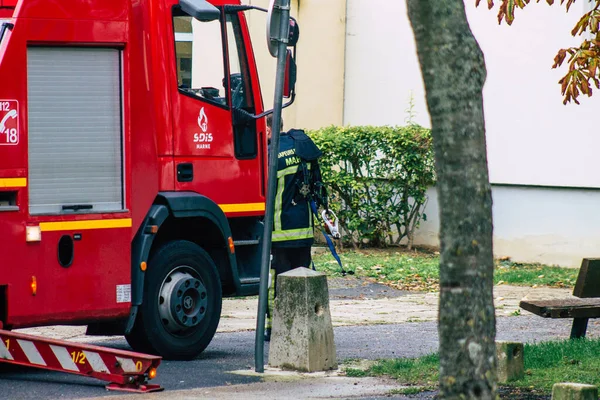 Reims France October 2020 View French Fire Engine Intervention Streets — Stock Photo, Image