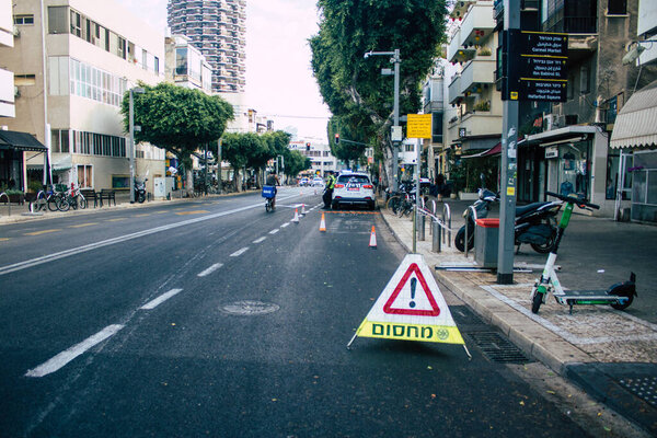 Tel Aviv Israel October 10, 2020 View of an Israeli National Police checkpoint in the streets of Tel Aviv in order to contain the spread of the Coronavirus and enforce containment of the population