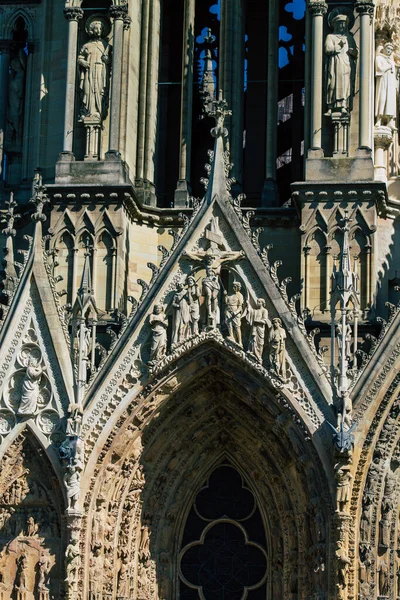 Reims Francia Octubre 2020 Vista Fachada Exterior Catedral Notre Dame —  Fotos de Stock