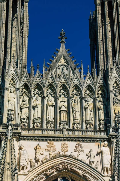 Reims França Outubro 2020 Vista Fachada Exterior Catedral Notre Dame — Fotografia de Stock