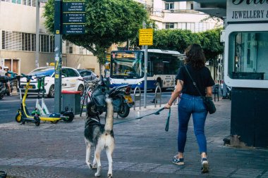 Tel Aviv İsrail 14 Ekim 2020 Coronavirus salgını sırasında yüz maskesi takmış kimliği belirsiz insanların sokaklarda yürüyüşü ve nüfusu kontrol altına almak için kilit altına alınması.