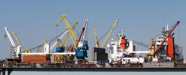 Dry dock and harbor cranes panorama. Industrial landscape