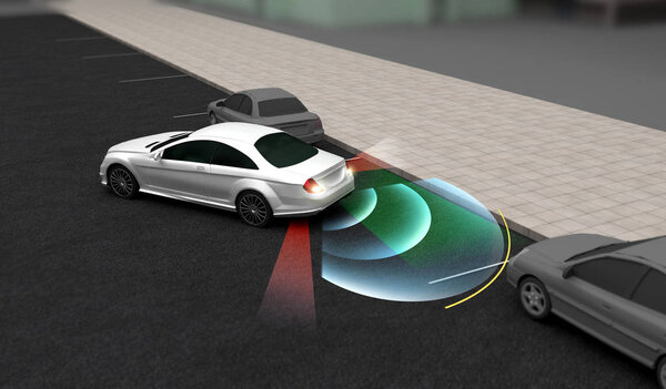 Smart car, Automatically parks in the Parking lot with Parking Assist System, 3D rendering image.