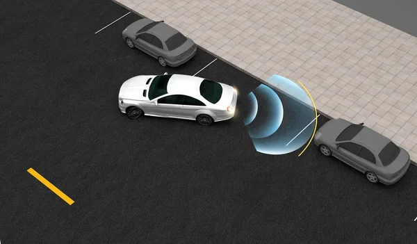 Αυτοκίνητο Smart Αυτόματα Πάρκα Στο Πάρκινγκ Στάθμευσης Επικουρεί Σύστημα Rendering — Φωτογραφία Αρχείου