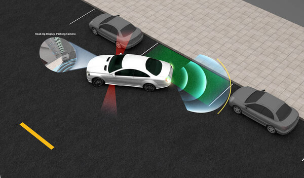 Smart car, Parking Assist System with Head-up Display, 3D rendering image.