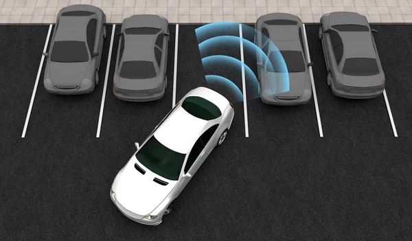 Smart car, Automatically parks in the Parking lot with Parking Assist System, 3D rendering image.