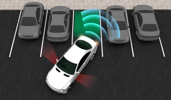 Smart Car Automatically Parks Parking Lot Parking Assist System Rendering — Stock Photo, Image