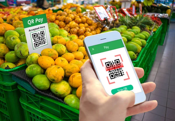 Concept of Smartphone scanning QR code payment (Unscannable code for security reasons ), Smart Payment technology, shopping , cashless society concept.