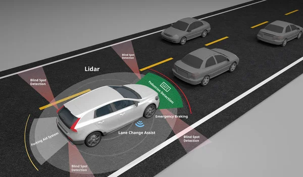 自律自走式電気自動車を示すライダーと安全センサーを使用して レンダリング — ストック写真