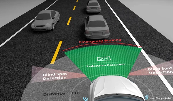 Akıllı araç, LIDAR, Radar ve kablosuz sinyal iletişim, yapay zeka teknoloji 3d render tanımlamak nesnelere özerk kendi kendine sürüş araba.