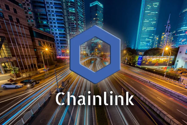 Concept Chainlink Coin Moving Fast Road Cryptocurrency Blockchain Platform Digital — Stock Photo, Image