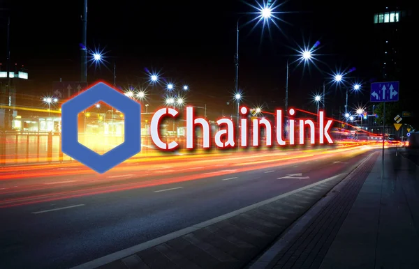 Concept Chainlink Coin Moving Fast Road Cryptocurrency Blockchain Platform Digital — Stock Photo, Image