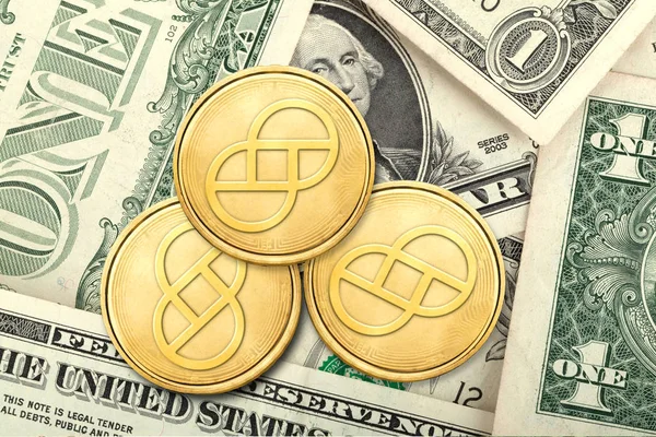Gemini dollar coins on US Dollar bill, Cryptocurrency concept photo