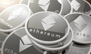 Ethereum paralar, Blockchain kavramı gümüş. 3D render