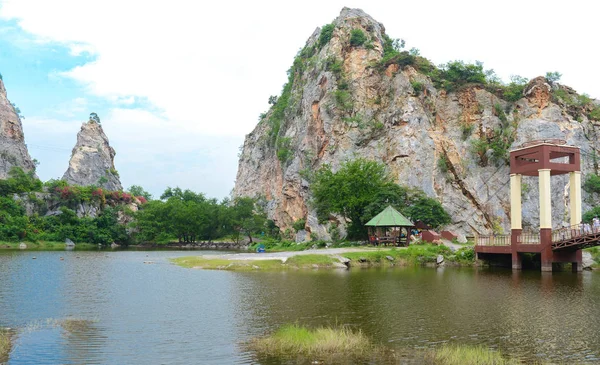 Landscape of Stone mountains and blue sky, nature fresh background, Khao Ngu Stone Park in Ratchaburi, Thailand