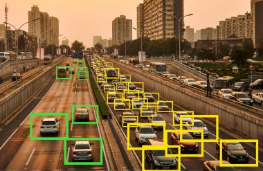 Ai makine öğrenme nesneleri tanımlamak teknolojisi, Rating istihbarat kontrol sistemi kavramı. Trafik sıkışıklığı