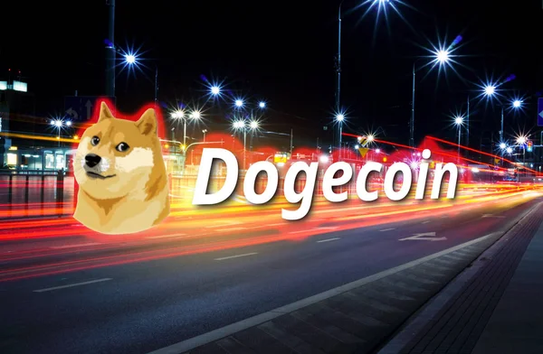 Concept Dogecoin Moving Fast Road Cryptocurrency Blockchain Platform Digital Money — Stock Photo, Image