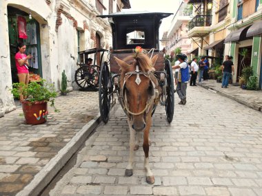 Vigan, Filipinler - 25 Temmuz 2015: Bir Kalesa (veya at arabası) Vigan tarihi şehir
