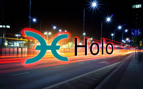 Concept Holo Coin Moving Fast Road Cryptocurrency Blockchain Platform Digital — Stock Photo, Image