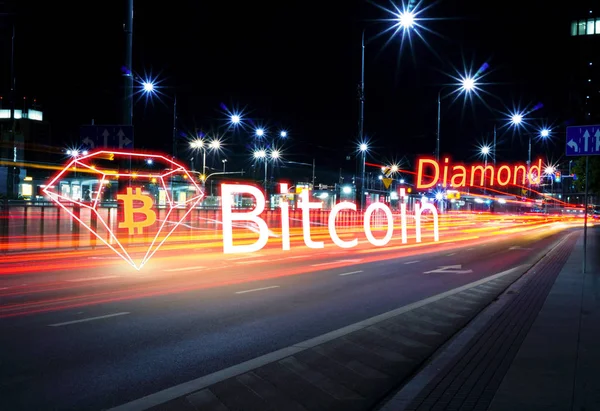 Conceito Bitcoin Diamante Movendo Rapidamente Estrada Plataforma Blockchain Criptomoeda — Fotografia de Stock