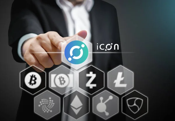 Business Man Points His Finger Icon Coin Others Crypto Currency — Stock Photo, Image