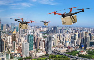 Drone paket dağıtım hizmetleri, sevk irsaliyesi yenilik teknoloji, Online alışveriş teslim sistemi kavramı.