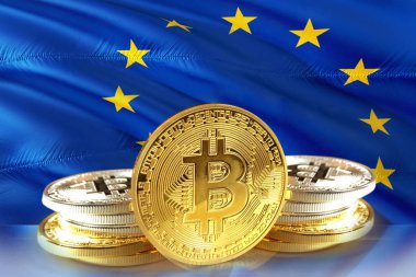 AB bayrağı, Cryptocurrency, dijital para kavramı phot sikkelerinde Bitcoin