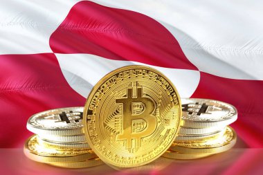 Grönland bayrak, Cryptocurrency, dijital para kavramı fotoğraf sikkelerinde Bitcoin