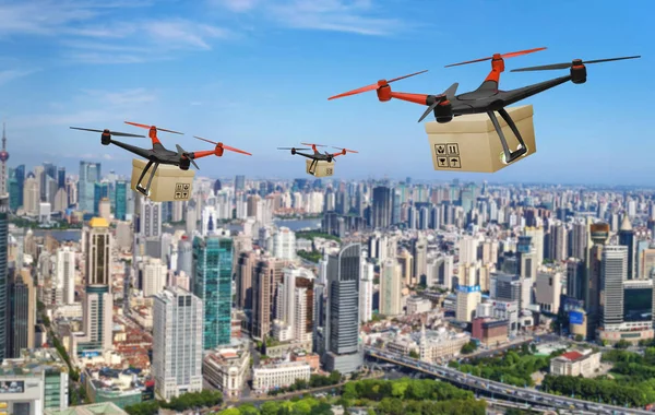 Drone paket dağıtım hizmetleri, sevk irsaliyesi yenilik teknoloji, Online alışveriş teslim sistemi kavramı.