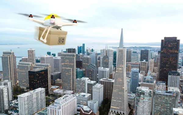 Concepto Servicios Entrega Paquetes Drones Tecnología Innovación Envíos Sistema Entrega — Foto de Stock
