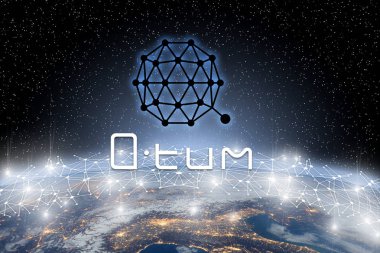 Qtum kavramı sikke Levitating dünya ağ üzerinden, bir Cryptocurrency blockchain platformu, dijital MEB