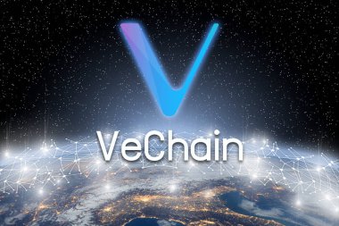 Vechain kavramı Levitating dünya ağ üzerinden, bir Cryptocurrency blockchain platformu, dijital para sikke