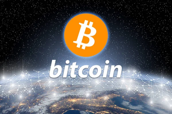 Concept Bitcoin Floating World Network Cryptocurrency Blockchain Platform Digital Money — Stock Photo, Image