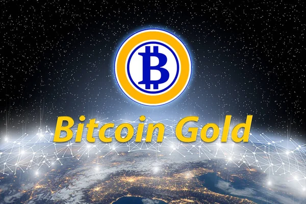 Концепция Монеты Bitcoin Gold Плавающей Мировой Сети Платформы Блокчейн Криптовалют — стоковое фото