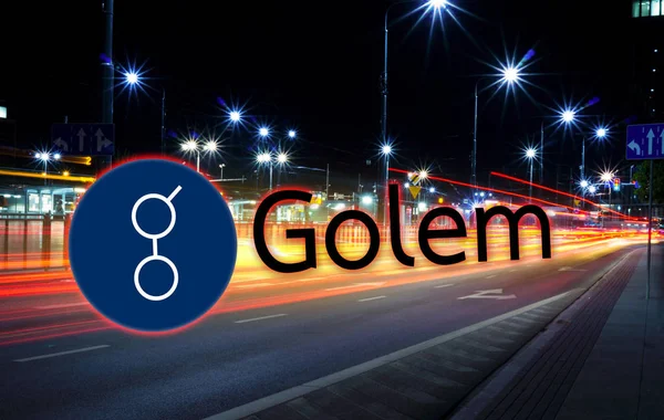 Concept Golem Coin Moving Fast Road Cryptocurrency Blockchain Platform Digital — Stock Photo, Image