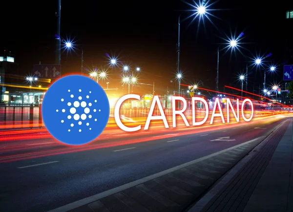Concept Cardano Coin Moving Fast Road Cryptocurrency Blockchain Platform Digital — Stock Photo, Image