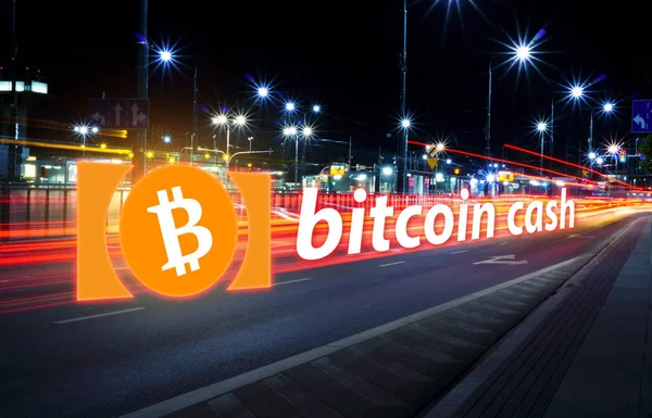 Conceito Bitcoin Dinheiro Movimento Rápido Estrada Uma Plataforma Blockchain Criptomoeda — Fotografia de Stock