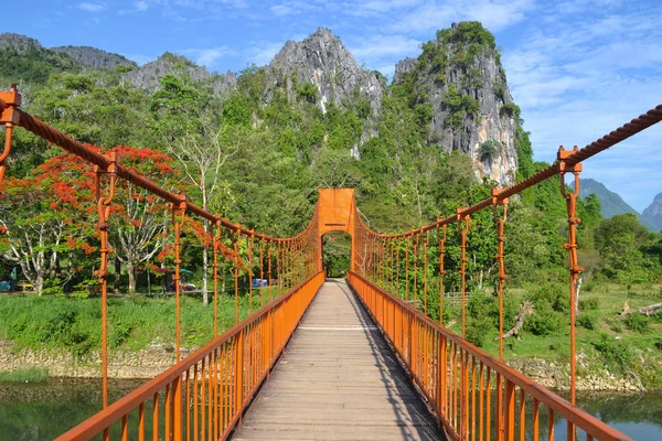 Red Bridge Song River Vang Vieng Laos Stock Picture