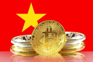 Vietnam bayrağı, cryptocurrency kavramı fotoğraf Bitcoin sikke