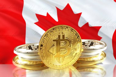 Kanada'nın bayrak, Cryptocurrency, dijital para kavramı fotoğraf sikkelerinde Bitcoin